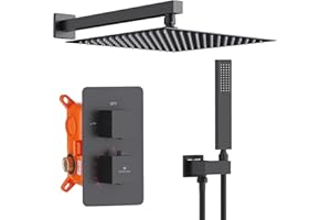 HOMELODY Encastré Ensemble de Douche Noir Système, Ensemble Douche Thermostatique 38°C, Pomme de Tête 12 Pouces, Pack de Douche Encastrée y Compris Douchette, Corps en Laiton