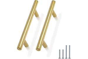 PinLin Carbinet Pulls Gold Stainless Steel Brushed Brass Wardrobe Pulls 102mm Hole Center T Bar Kitchen Cupboard Door Handles for Bedroom Bathroom Furniture Hardware 5 Pack