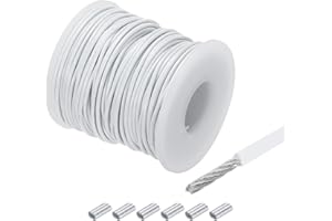 QUARKZMAN 30m Cable de Acero Inoxidable 304, 1.5mm OD Alambre Cuerda Carrete Kit con 6pcs Doble Orificio Aluminio Mangas PVC Recubierto para Cuerda Tendedero Suspensión Planta, Blanco