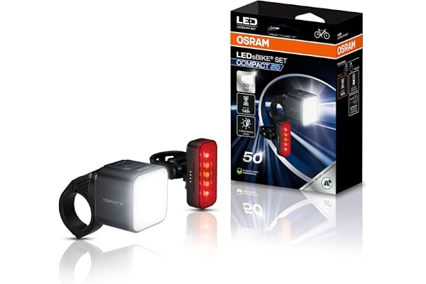 OSRAM LEDSBIKE COMPACT 50 SET, uppladdningsbart cykelljusset - fram och bak, StVZO-godkänt, kompatibelt med Garmin-fäste, tre ljusstyrkenivåer, 50 lux