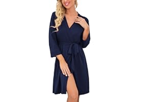 PrinStory Bademantel Für Damen Leichter 3/4 Ärmeln Morgenmantel Kimono Roben Kurz Nachtwäsche