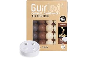 GuirLED - Guirlande lumineuse boules coton LED USB - Télécommande sans fil - Veilleuse bébé 2h - Adaptateur secteur double USB 2A inclus - 4 intensités - 24 boules 2.4m - Chocolat