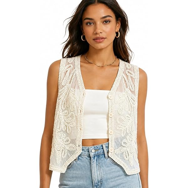 Buy SANNIDHI® Womens Crochet Lace Vest Boho Sleeveless Kimono