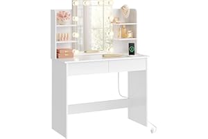 WOLTU Toeletta da Trucco con Specchio LED, con 2 Prese di Corrente, Postazione Trucco con 2 Cassetti 4 Ripiani, Bianco, 90x135x40 cm, MB6123ws