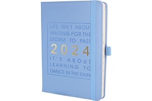 MLJTOYO Planer dziennikowy 2024, format A5, dziennik 2024, strona dzienna, planer tygodniowy i miesięczny z zakładką miesięczną, styczeń-grudzień 2024 z uchwytem na długopis, 320 stron (błękitny 2024)