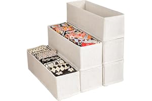 MURRI&MURRDI Mini Foldable Clothes Drawer Divider 6 Pack, Fabric Underwear Drawer Organizer, Small Wardrobe Sock Box, Plastic Closet Storage Bin for Belt Tie Bra Scarves Pants, Light Beige