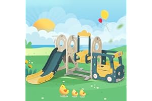 JOROBURO, Scivolo per bambini 5 in 1 con canestro da basket, a forma di autobus, con altalena, parco giochi per interni ed esterni, kit di gioco per arrampicata autoportante (5 in 1, colore verde)