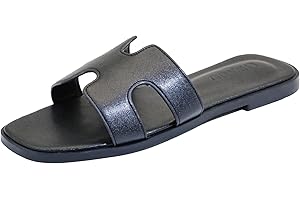 LHXYUO Sandali piatti da donna, pantofole da donna in pelle, comode scarpe piatte eleganti eleganti ciabatte estive autunno carino punta aperta casual