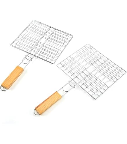 RUECAB 1086 Grille De Barbecue Double Sur Pieds Inox Poignée Bois Argent 30 X 40 Cm, NC