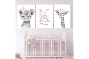 YOUIHOM 3 Leinwand für Kinderzimmer Mädchen Namen Personalisiert Poster Giraffe Löwe Blumen Grau und Rosa Wanddekoration Babyzimmer Spielzimmer Geschenk 30 x 40 cm ohne Rahmen