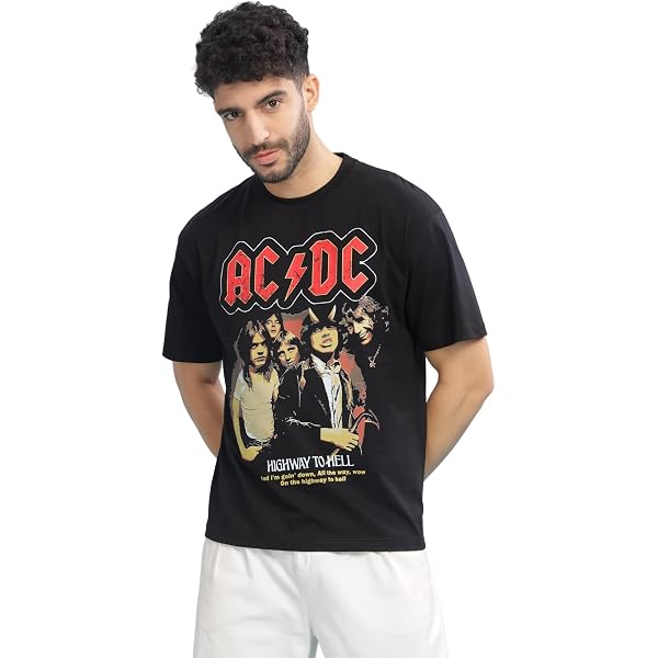 Buy HAZUKU Men's Black Oversized Graphic Printed Cotton ACDC Music