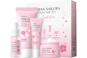LAIKOU Sakura Ensemble de Soins du Visage, Coffret Cadeau Femme Produit de Beauté, 4 Pièces Nettoyant Visage, Contour Yeux, Sérum, Crème, Soins pour le Visage pour Adolescentes et Femmes