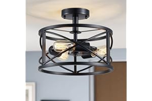 WUZUPS lustre 3 lumières vintage ferme industrielle semi-encastrée plafonnier luminaire moderne pour foyer chambre couloir débarras cuisine salle de bain, h 30 x w 24, base e27, noir