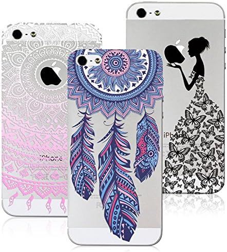 VertTek 3X Cases Apple iPhone SE, iPhone 5S Case, iPhone 5 Silicone Soft TPU Case Gel Rubber Back Cover Crystal Transparent Lightweight Clear Cover Ultra Thin Extra Grip Anti Scratch Protective Case Pink Mandalas + Blue Dreamcather + Butterfly Girls