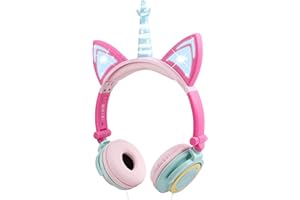 I LOVE E IFECCO iFecco Cuffie per ragazza, Cuffie per ragazza, Cuffie per orecchie di gatto, Cuffie per corno di unicorno, Cuffie per bambini, LED con archetto regolabile, Cuffie per gatto,Limitazione del volume 85dB
