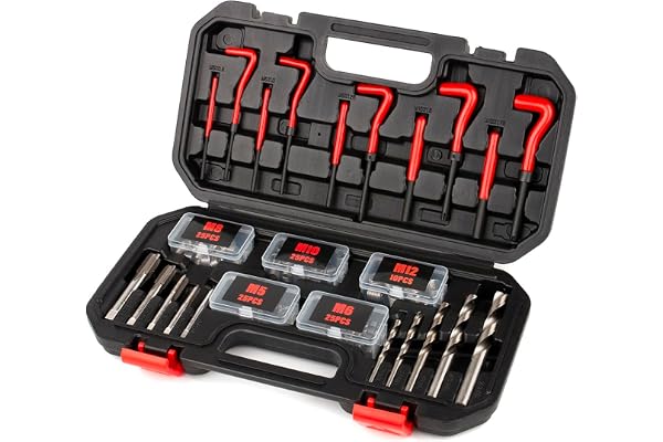 FOURROBBER 131 Pièces Kit de réparation de filetage,131 Pcs Kit Filet Insertion de Fil Foret Gaines Métrique Helicoil inserts M5, M6, M8, M10, M12 Outils de filetage, manchon fileté