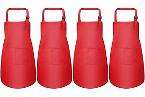 Disino 4 Pcs Red Kids Aprons Set, Boys Girls Adjustable Aprons with 2 Pockets, Children Chef Apron Toddler Kitchen Garden Bib Aprons for Cooking Crafting Painting Baking (7-13 Year)