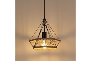 Toolight Suspension Luminaire Vintage, Lustre Industrielle avec Corde de Chanvre, Plafonnier Cage de Diamant E27 pour Chambre à Coucher Salon Porche Café