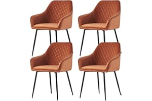 AINPECCA Set of 4 Dining Chairs Orange Velvet Armchairs with Armrest & Backrest Upholstered Seat with Black Metal Legs (Orange Vevlet,4)