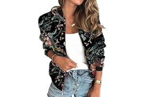 Minetom Veste Femme Motard Blouson Printemps Été Léger Bomber Blouson Outwear Zippé Imprimé Floral Court Jacket