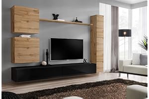 All4All Wohnwand Hochglanz TV Board Anbauwand Fernsehwand Wohnzimmerset SW 8 (Wotan - Schwarz - Mason)