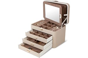 KAMIER Organizer na biżuterię, 4-warstwowy organizer na biżuterię z lustrem, 3 szuflady, duże pudełko na biżuterię na bransoletki, kolczyki, pierścionki, naszyjniki, prezenty świąteczne prezenty