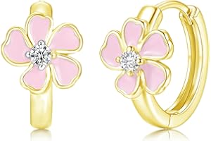 Kamise Sterling Silver Hoop Earrings for Girls, Hypoallergenic Huggie Earrings Sleep, Colorful Flower Earring Hoops with Cubic Zirconia, Small Huggie Earring Silver 925, Giftfor Girls with Box