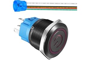 Gebildet Interruptor de Botón con Pestillo de Acero Inoxidable de22mm 110V-220V/5A símbolo de alimentación LED 1NO1NC SPDT ON Off Impermeable con Enchufe de Cable (LED Rojo/Carcasa Negra)