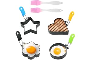 SRTSTR 4 Piezas Moldes Pancakes Anillos de Huevos Fritos Acero Inoxidable Molde para Tortilla Antiadherentes con Asa Molde de Huevo Frito Apto con Cepillo de Aceite para Tortillas Panqueques