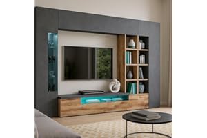 Dmora Mueble Fabricado en Italia, con luz LED Azul, Base para TV y estantes y estanterías, Juego de salón Moderno, 290 x 40 x 192 cm, Color Pizarra y Gris Cemento