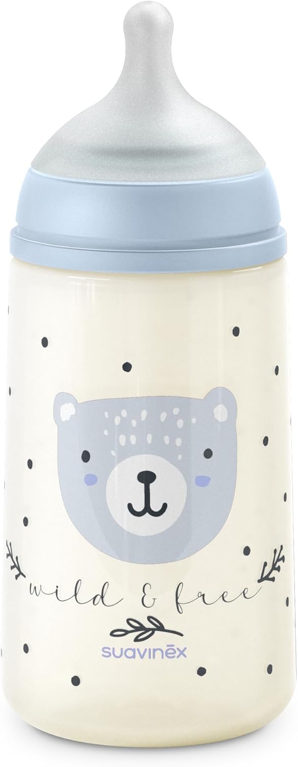 Suavinex, Biberón de 270 ml con Tetina Fisiológica SX Pro de Silicona con Válvula Anticólico, de Flujo Medio (M), para Líquidos Densidad Media, Leche, Zumos o Agua. Bebés +3 Meses. Wild&Free Azul