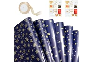 KISPATTI Set carta regalo oro blu, 6 fogli carta regalo oro blu 2 fogli adesivi 1 rotolo nastro oro per Natale compleanno battesimo matrimonio