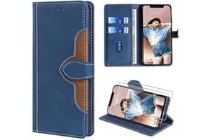 FMPCUON for Nokia C32 Case,Nokia C32 Leather Wallet Cover,Flip Folio Protective Phone Case with Wallet Card Holder + Tempered glass *2,Blue