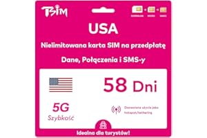 TSIM Karta SIM do USA na podróż do USA. Prepaid. Sieć T-Mobile z nielimitowanymi danymi, połączeniami i wiadomościami. Karta SIM 5G! (58 dni)