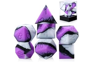 DNDND Silicone DND Dice Set, 7PCS Silicone Rubber D&D Die with Clear Plastic Display Case for Dungeons and Dragons Role Playing Games and Tabletop Games（Purple Black White