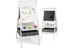 ‎DREAMADE DREAMADE 3 in 1 Children's Easel, Double Sided Easel with Magnetic Whiteboard, Chalkboard, Paper Roll, 4 Colour Cups & 2 Fabric Boxes, Art Easel for Children from 3 Years (White)