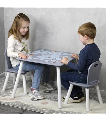 WOLTU children's seat group 1 children's table and 2 high chairs, children's table with storage space, made of solid pine wood, round table furniture set for children, grey white