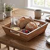 Deconox Akasya Ekmek Sepeti 20 x 20 cm, Kulplu Ahşap Ekmeklik, Kare Kahvaltı ve Sunum Sepeti, Poğa&ccedil;a, Kruvasan, Sandvi&ccedil;, Meyv