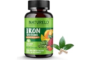 NATURELO Iron Supplement with Vitamin C & Whole Food Blend – Gentle Iron Capsules for Women & Men – Supports Energy, Pregnancy, Anemia & Vegan Diets – 90 Mini Capsules (3-Month Supply)