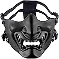 AOUTACC Airsoft Half Face Masks, Evil Demon Monster Kabuki Samurai Hannya Oni Half Face Protective Masks for Masquerade Ball, Party, Halloween, Cs War Game (Adjustable Strap Black)