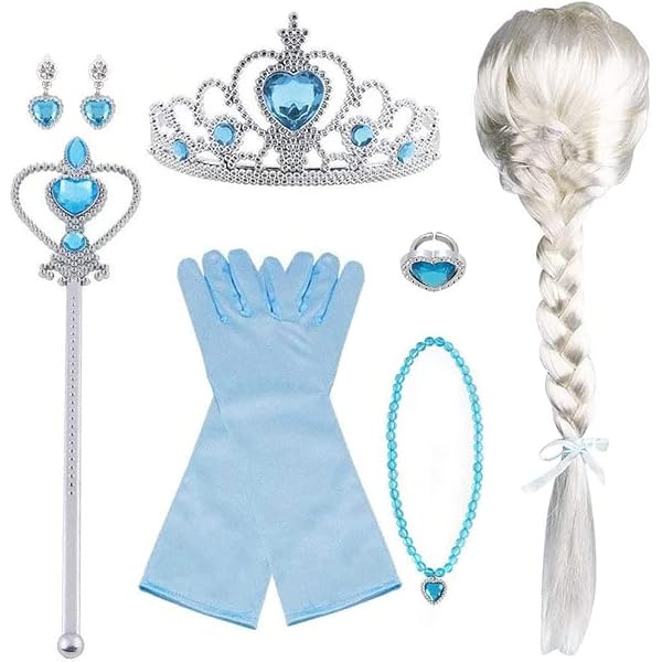 Pollen Elsa Set Costume Principessa 8 Pezzi Per Bambina - Abito, Corona, Bacchetta, Guanti E Accessori, Per Carnevale E Cosplay