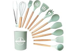 GJIE Kitchen Utensil Set, 12 PCS Silicone Cooking Utensils Set with Wooden Handle, Heat Resistant, Nonstick Cookware Tongs Spatula Spoon Set, Dishwasher Safe, Best Kitchen Tools (Green)