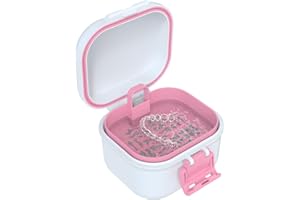BVN Scatola per protesi a prova di perdite, scatola per protesi dentarie con colino, portatile, per tutte le età, protesi e parentesi graffe (rosa + bianco)