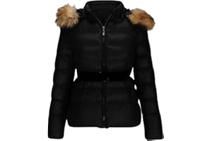 WYONGTAO Womens Winter Coats Warm Puffer Jackets Zipper Short Quilted Jackets Ladies Parkas Jacket Slim Fit Down Padded Coat with Mid Belt Faux Fur Trim Overcoat Thickened Windproof Outerwear with Fur Hood
