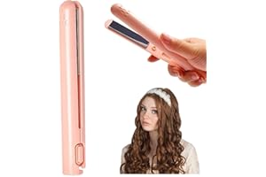 LONNALEE Mini Dual-Purpose Hair straighteners，2 in 1 Travel Hair Straightener and Curler,Nano Ceramic Tourmaline Coating Plate,USB Power Supply Small Hair Curler Iron for Home and Travel (Pink)
