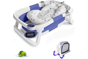 EZYWAY Foldable Baby Bath Tub with Thermometer for Real Time Temperature Free Bath Toy, Temperature Sensing Drain Plug, Anti-Slip Legs Collapsible Tub with Cushion Pad (Blue)