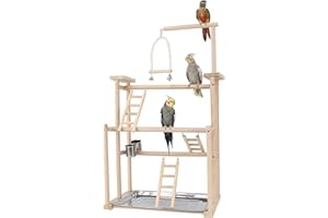 Dynaeuty Bird Perch Stand Toy, Wooden Bird Playground Parrot Play Stand, Budgie Toys with Swing Climb Ladder and Tray Budgie, Parrot Cage Accessories for Parakeets Lovebirds Finches Budgie 44x31x79cm