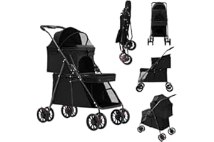 OHMG Doppelschichtiger Kinderwagen für Hunde und Katzen, 3-in-1-Kinderwagen, faltbar, für 2 Tiere, 2 abnehmbare Käfig, Sicherheitsgurt, atmungsaktives Oxford, Bremsen, Tiere, Reise, Kinderwagen