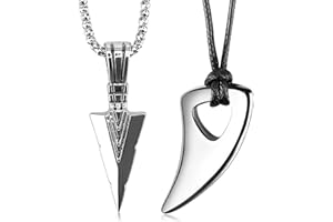 Beejoy 2Pcs Mens Pendant Necklace Set,Stainless Steel Chain Spearpoint Arrowhead and Wolf Teeth Silver Chain Adjustable Cord Length Non Lose Varnish Silver Necklace for Valentine's Day Parties Proms