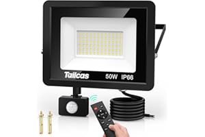 Tailcas 50W Faretto LED Esterno con Sensore di Movimento, IP66 Impermeabile - Faretti LED Interno ed Esterno per Giardino, Cortile, Garage